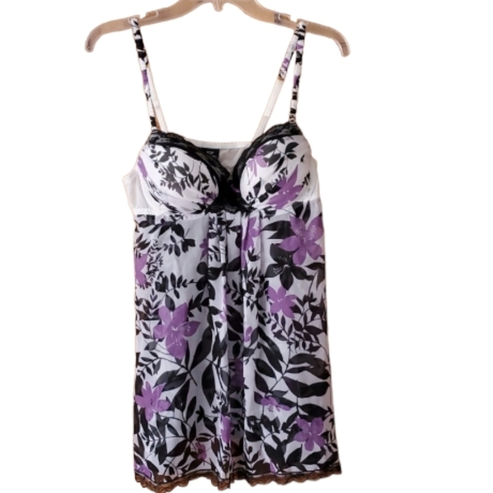 Apt 9 Intimate Floral Sheer Purple & Black Lingerie‎ Nightgown Set Women Large